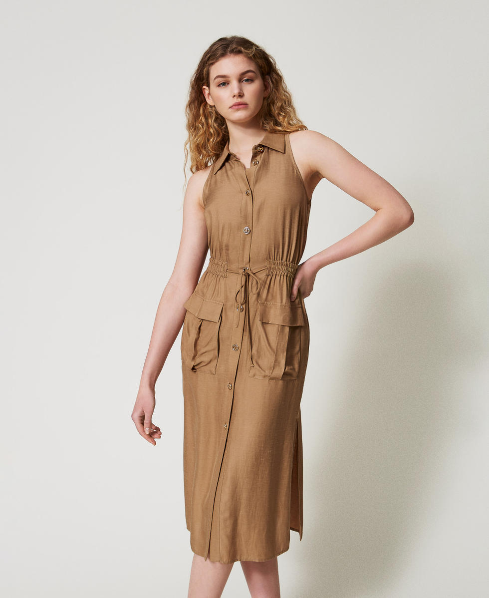 Long envers satin dress Golden Green Woman 251TT2270_12438_01