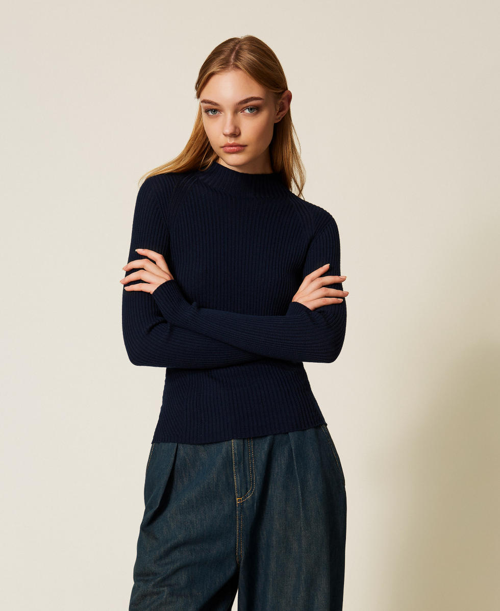 Pull col montant c&ocirc;tel&eacute; en laine Bleu Classique Femme 252TT3111_11956_01