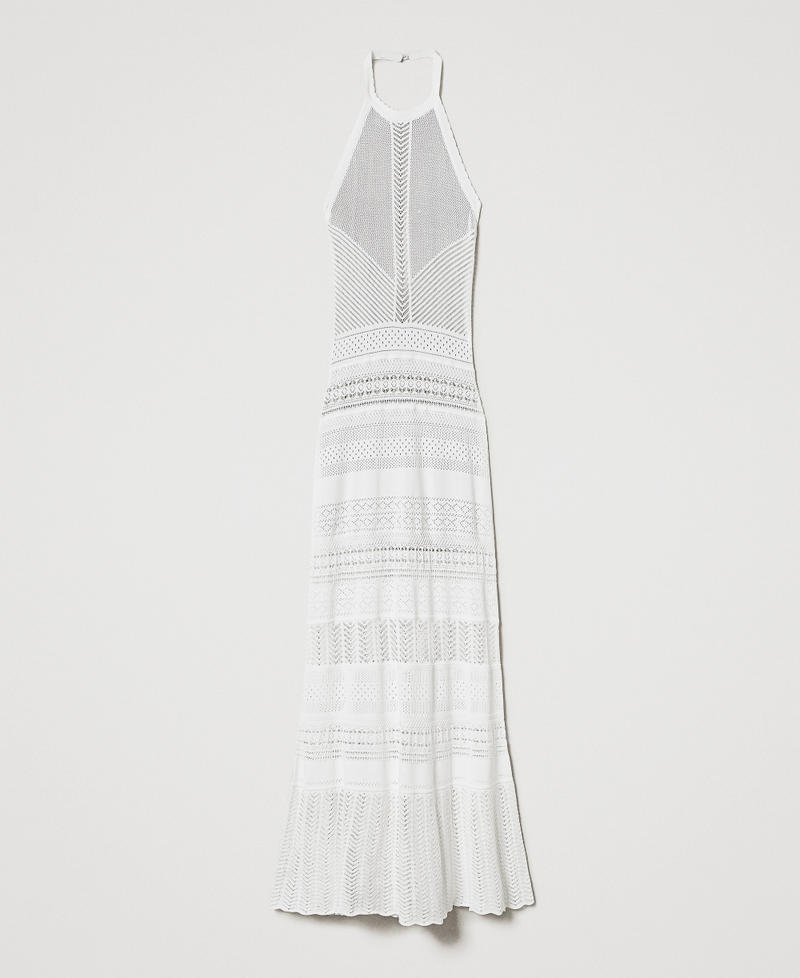 Maxi-Neckholderkleid aus Gestrick mit Lochmustern Weiß Schnee Frau 251TT3105_00282_S0