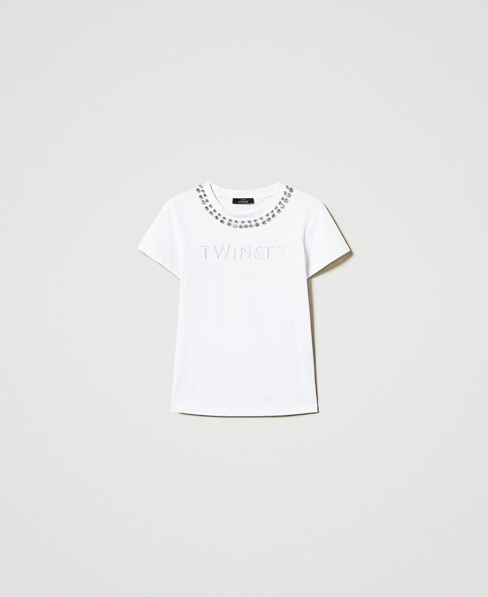 T-shirt with hand embroidery and logo "Papers" White Woman 251AP2161_00840_S0