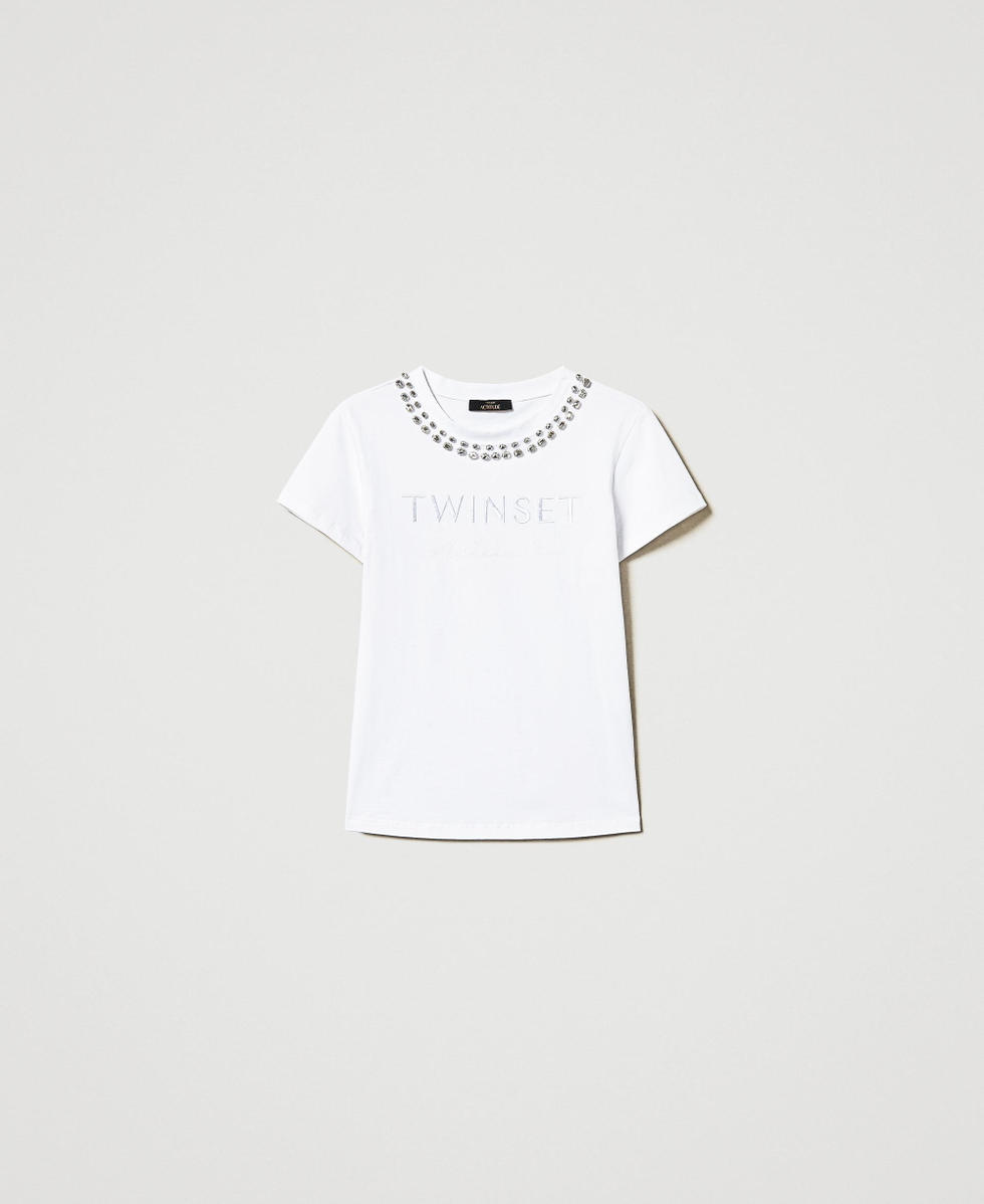 T-shirt avec broderie r&eacute;alis&eacute;e &agrave; la main et logo Blanc "Papers" Femme 251AP2161_00840_S0