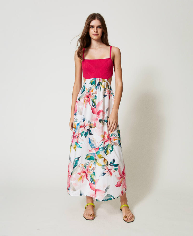 Long knit dress with floral print Mother of pearl/Multicolour Stripe Print Woman 251LB3LAA_12198_02