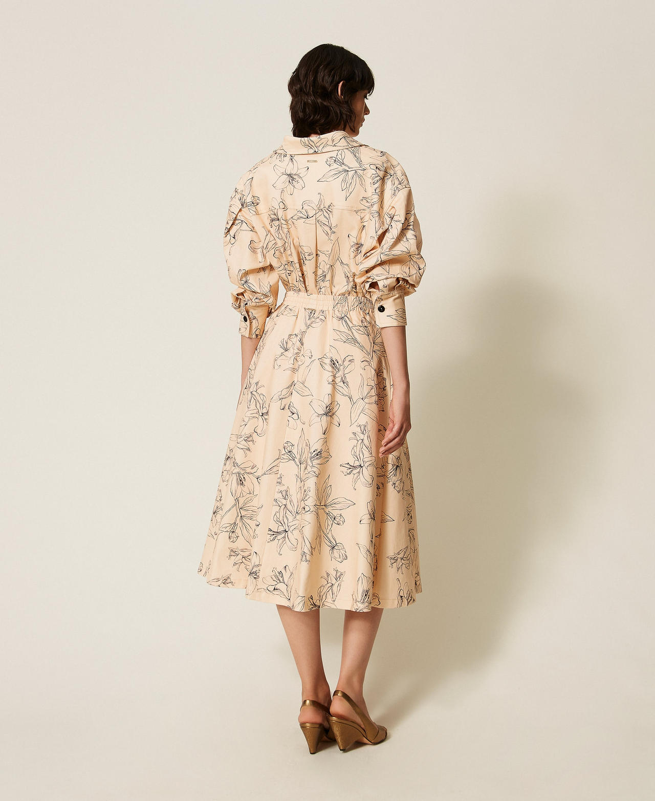 Midi bull skirt with floral print "Crystal Sand" Beige/Black Flock Print Woman 262LI2MBB_13908_03