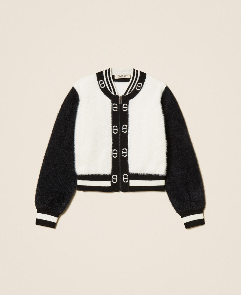 Girls' knit bomber jacket with Oval T Bicolour Black / Off White Girl 252GB3020_02714_S0