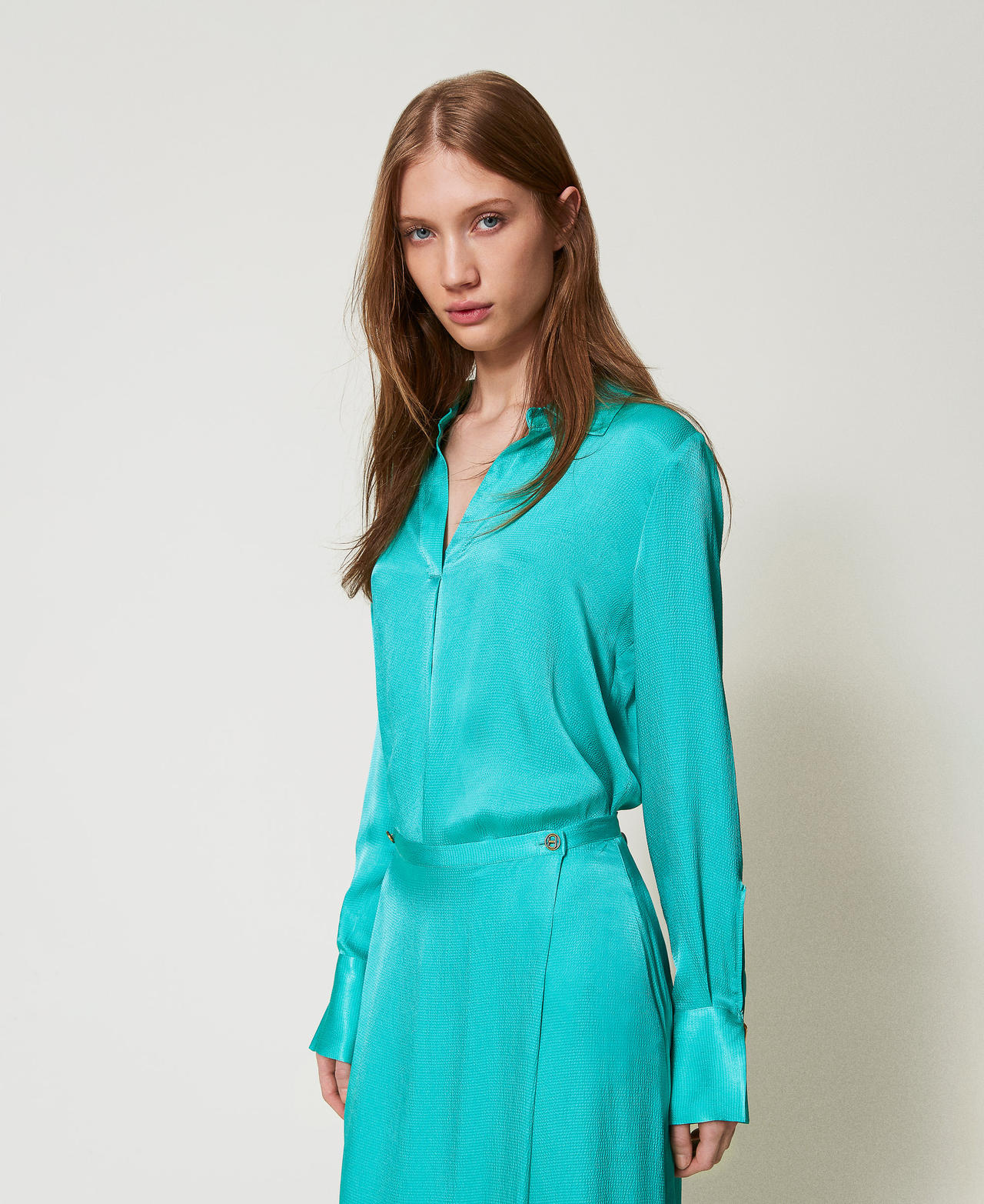 Satin blouse with shirt collar Emerald Sea Woman 251TE2044_12146_02