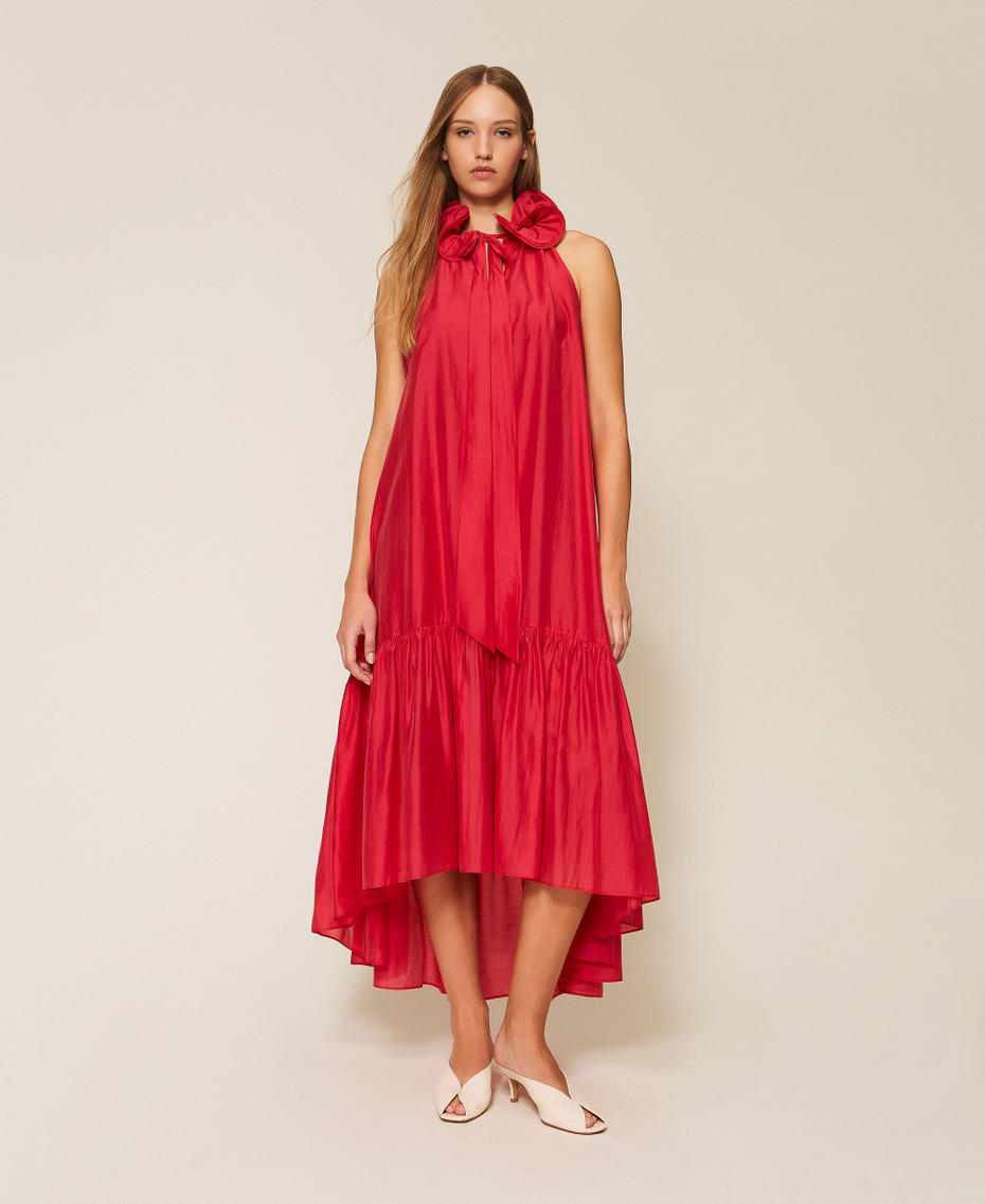 Long voile dress with ruffles Magenta Red Woman 261AP2185_13160_01