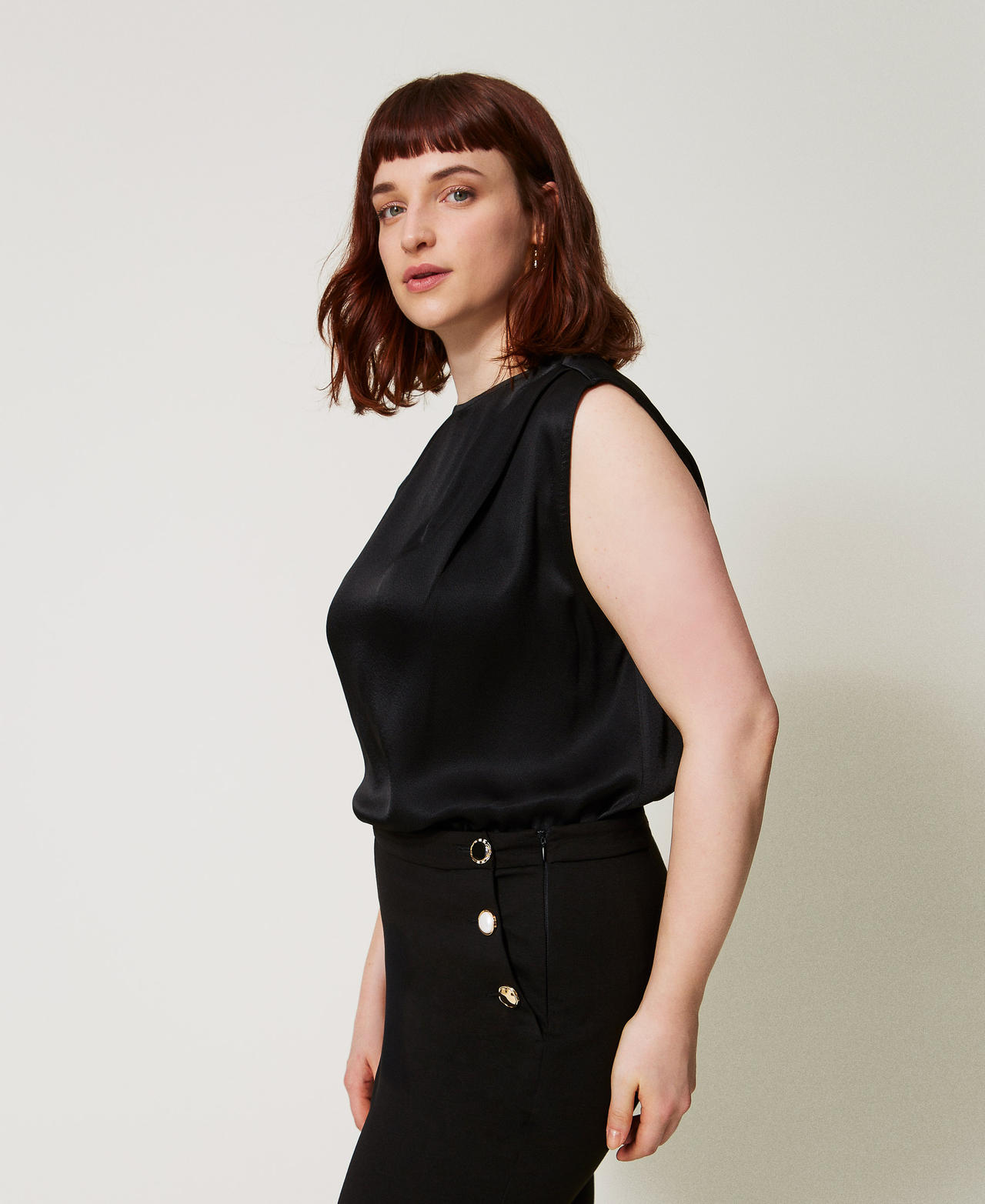 Shiny satin top with pleats Black Woman 251TP2652_00006_02