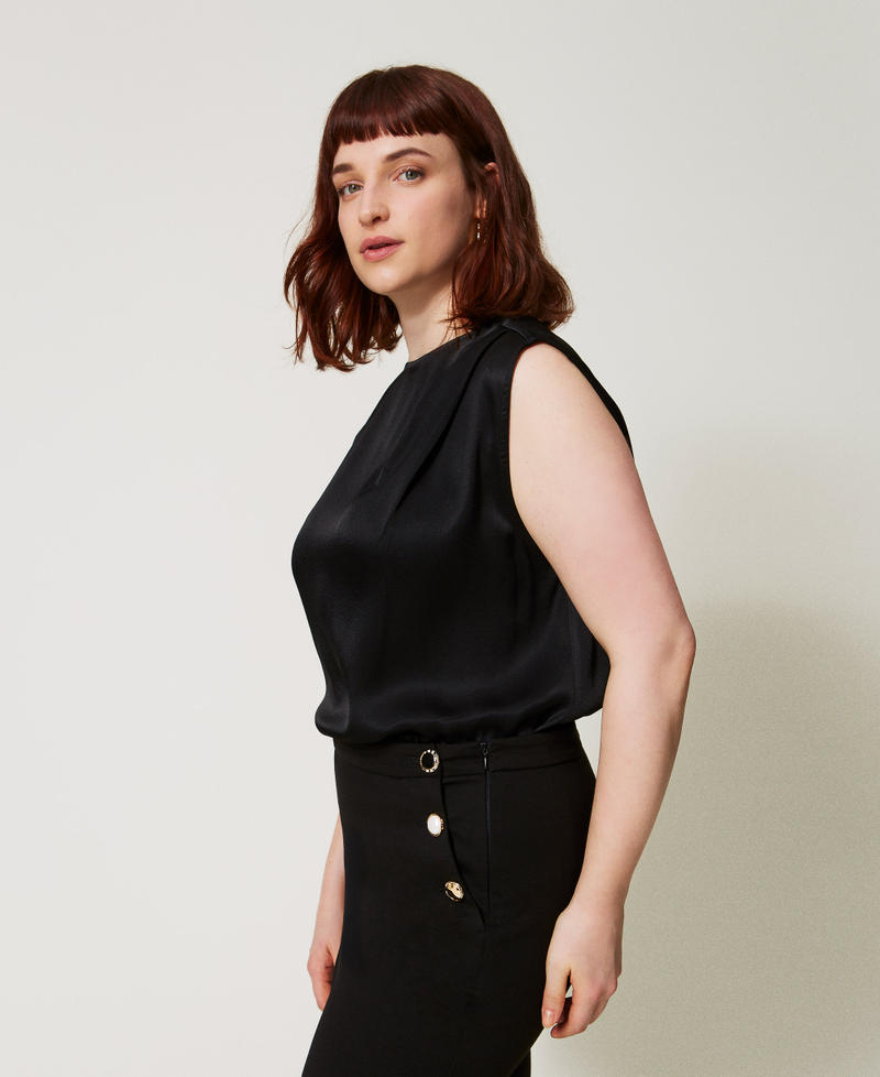 Shiny satin top with pleats Black Woman 251TP2652_00006_02