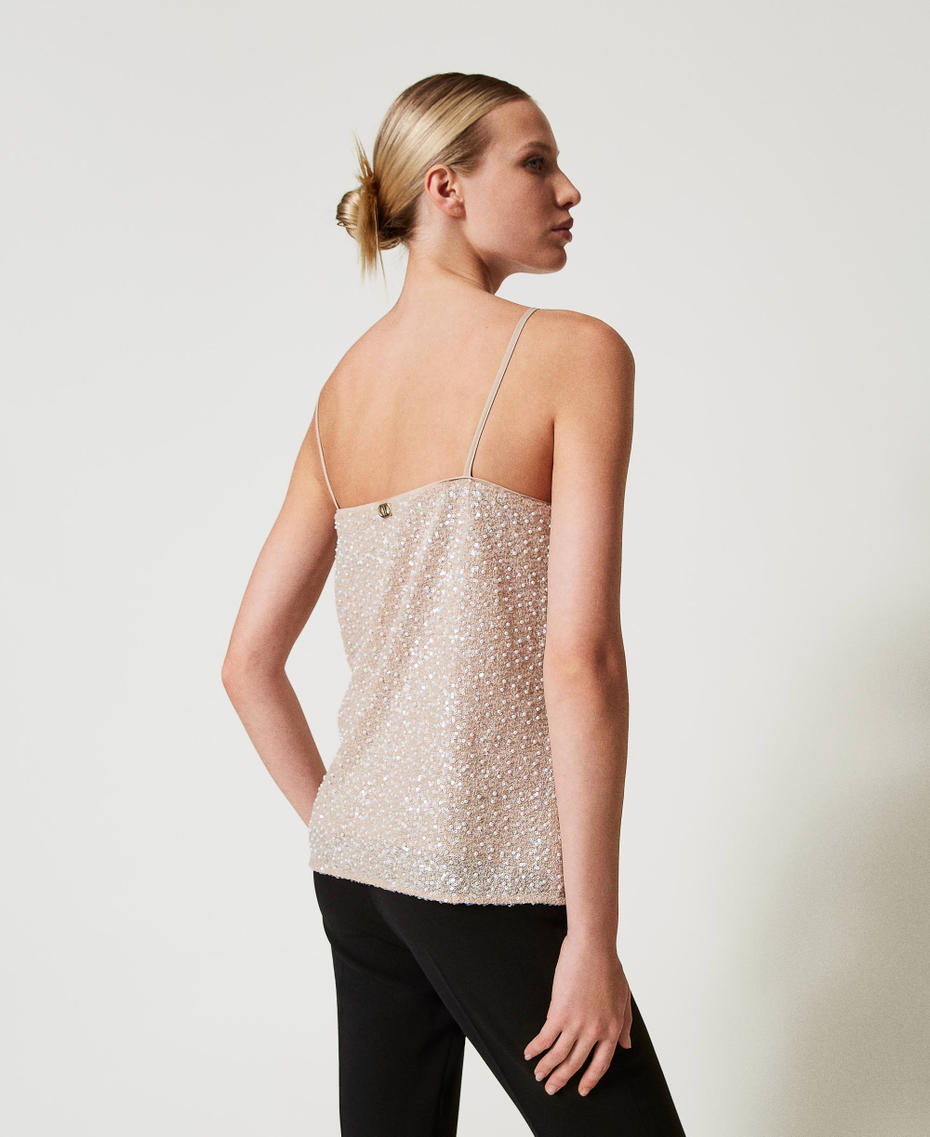 Top with sequins and pearls Snow/Delicate Beige Sequin & Pearl Embroidery Woman 251TP2201_12254_03