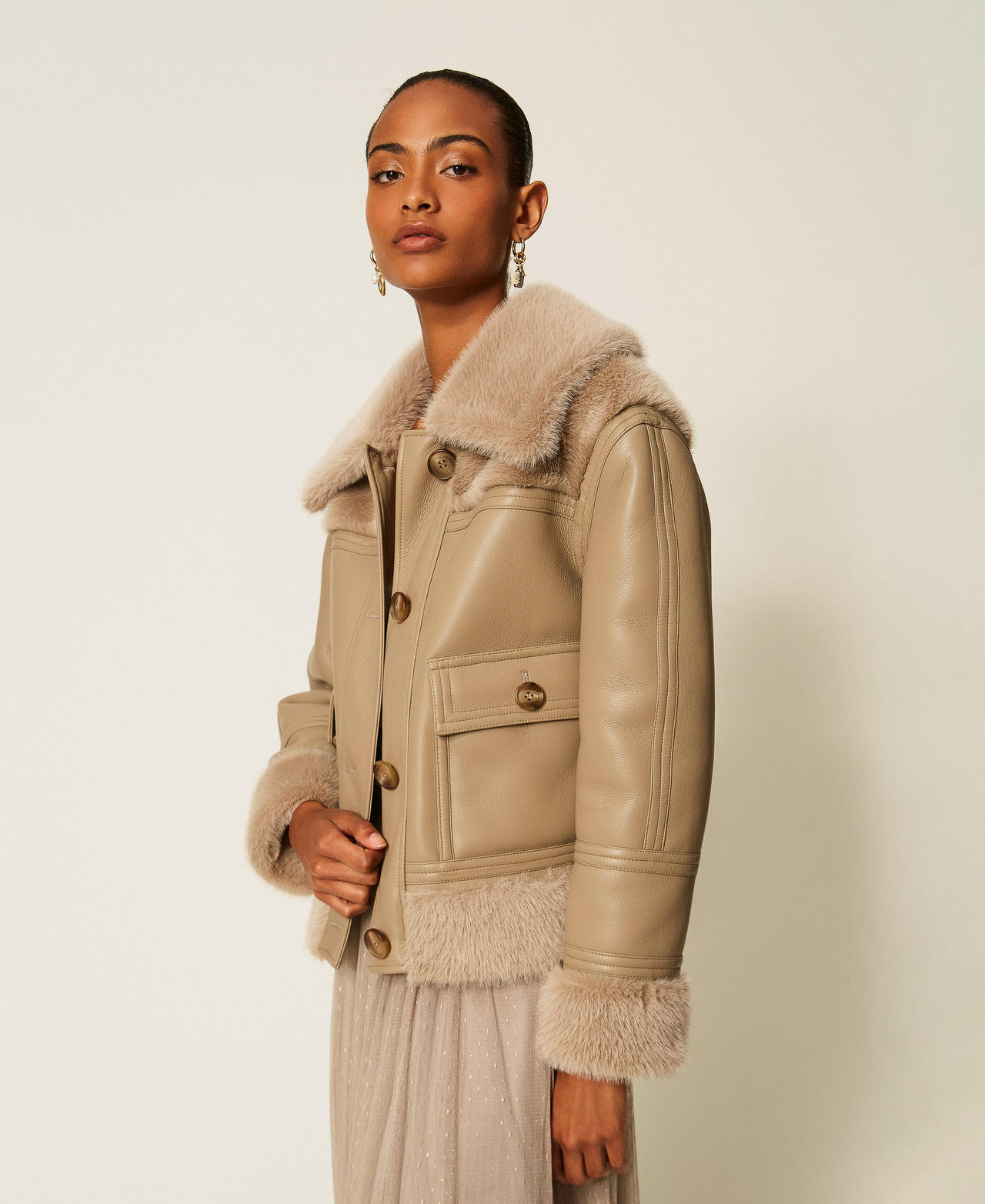Giacca effetto pelle con faux fur Mastice Donna 262TT2050_00369_02