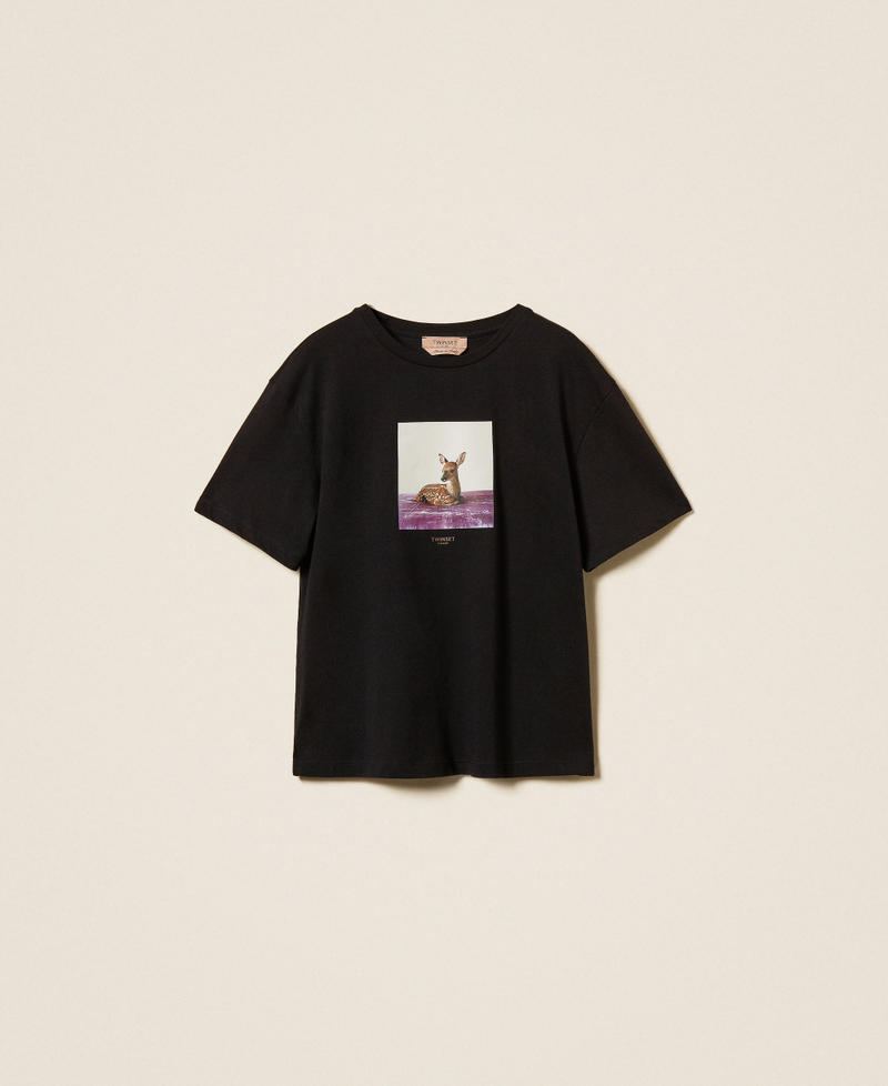 T-shirt regular ras-du-cou avec imprim&eacute; Imprim&eacute; Faon/Noir Femme 262TF2090_14114_S0