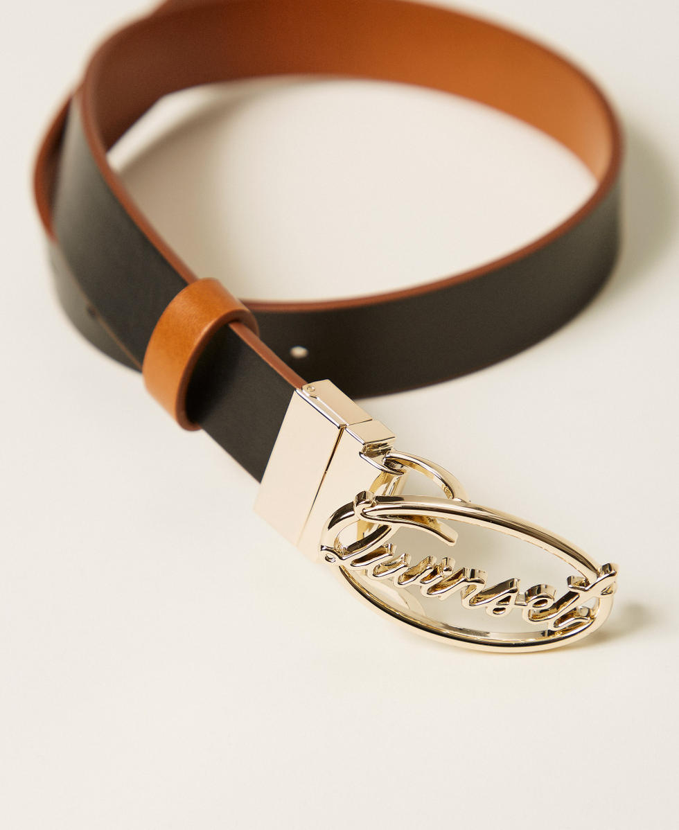 Reversible belt with lettering logo Two-tone "Leather" Brown / Black Girl 261GJ5014_06228_03