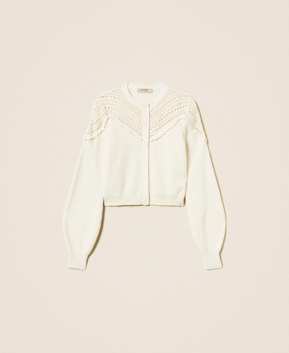 Wool blend cardigan with crochet details "Parchment" Beige Woman 252TP3100_07222_S0