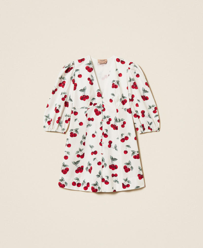 Short poplin dress with cherry print White/Red Cherries Allover Woman 261TT2592_13501_S0