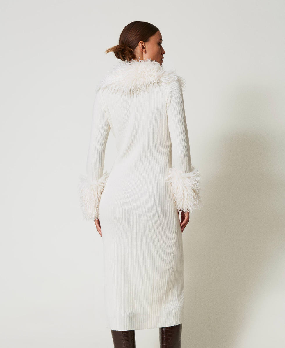 Wool blend and faux fur long cardi-dress Woman, White | TWINSET Milano