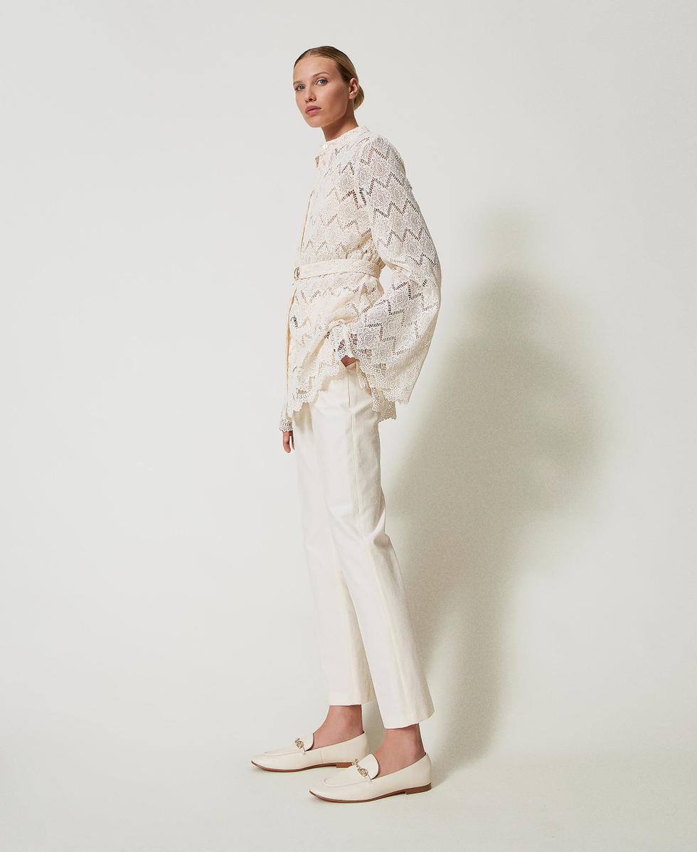 Pantalon droit en gabardine de coton m&eacute;lang&eacute; Nacre Femme 251TP2211_00059_02
