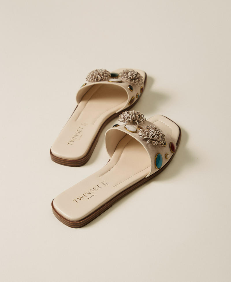 Suede slides with decorative stones Mother Of Pearl Woman 261TGT062_00059_03