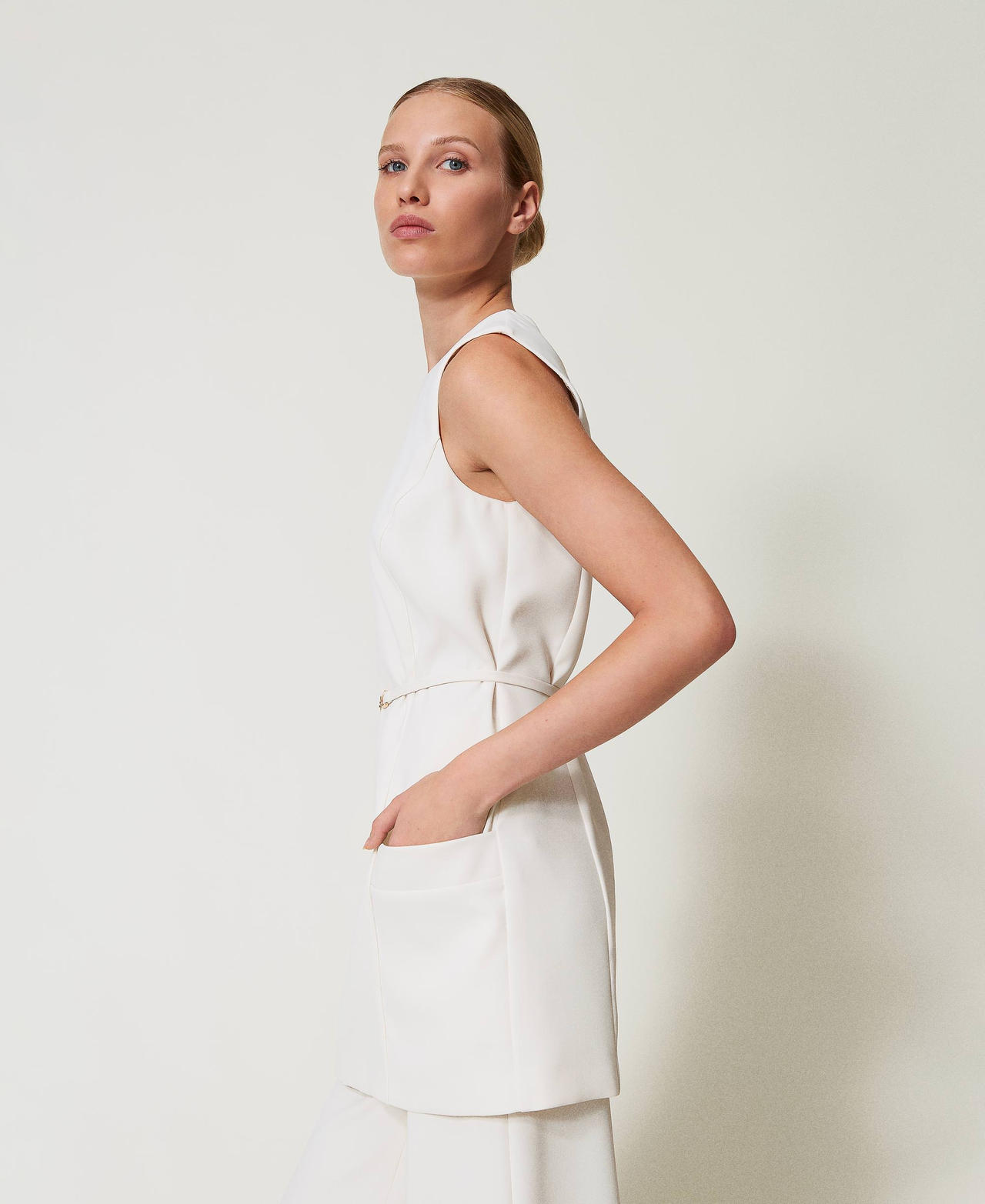 Fluid crêpe tunic with belt Mother Of Pearl Woman 251TP2101_00059_02