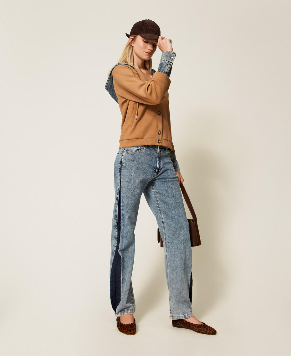 Scuba fabric and denim sweatshirt Two tone Camel/Denim Woman 252LI2PDD_12671_T0