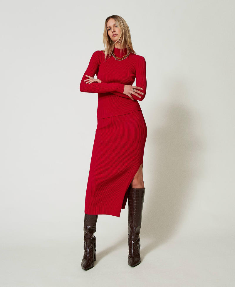 Ribbed knit fitted jumper with opening Venetian Red Woman 242TT3022_00740_T0