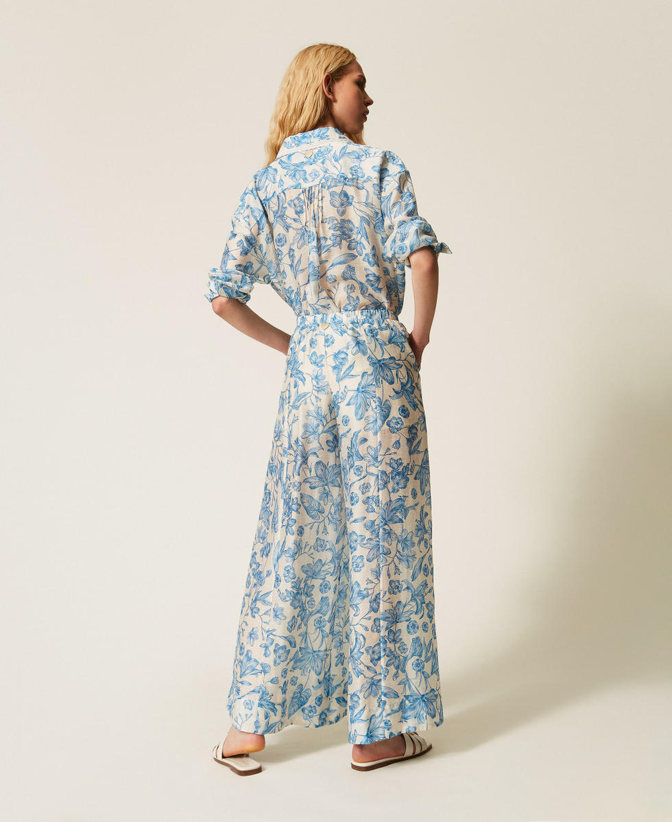Floral palazzo trousers Off White/Med Blue Toile De Jouy Print Woman 261LM2SBB_13465_03