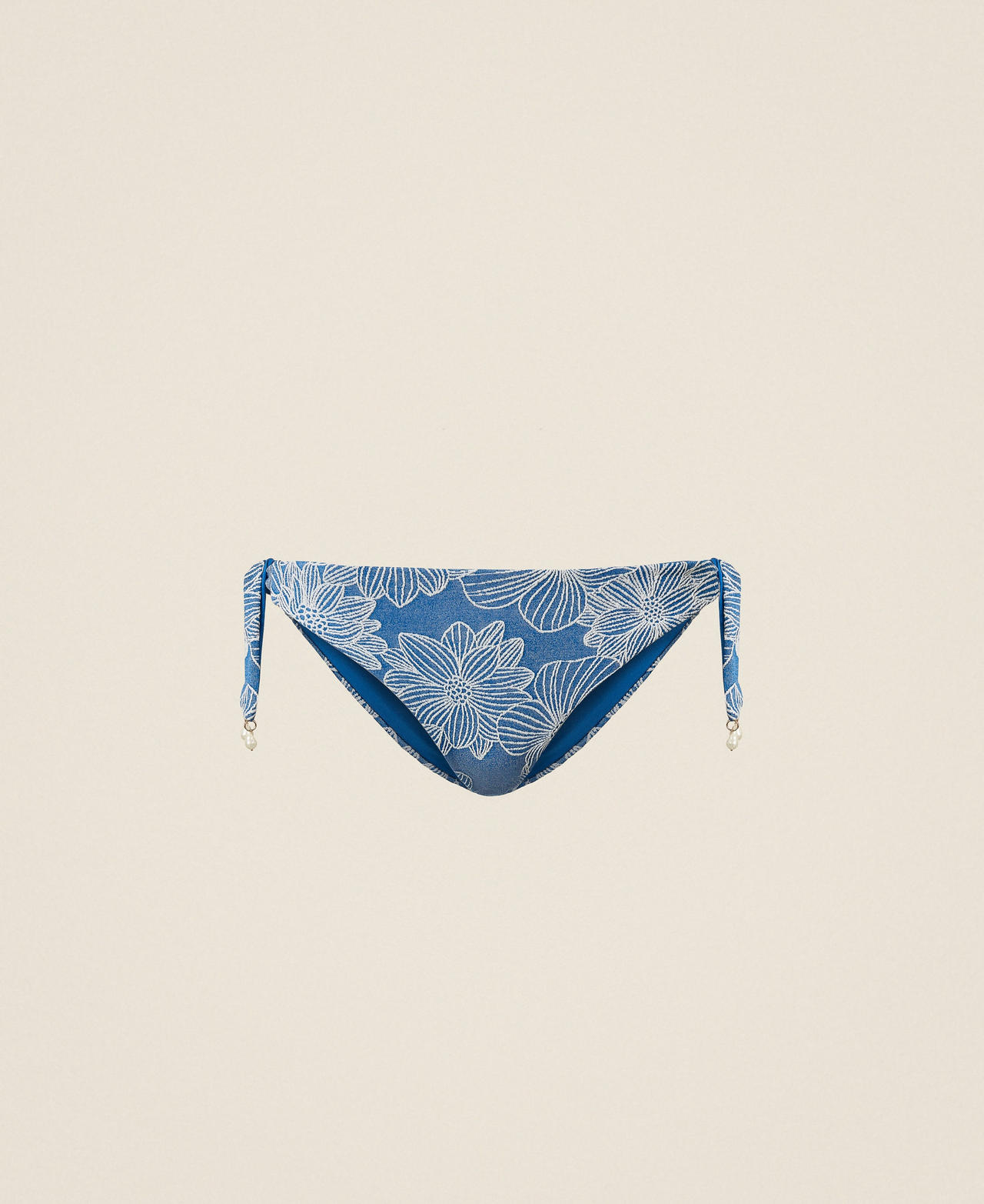 Twinset Beachwear - Jacquard bikini thong with pearls, Mediterranean Blue/Off White Jacquard, Floral, Size: IV