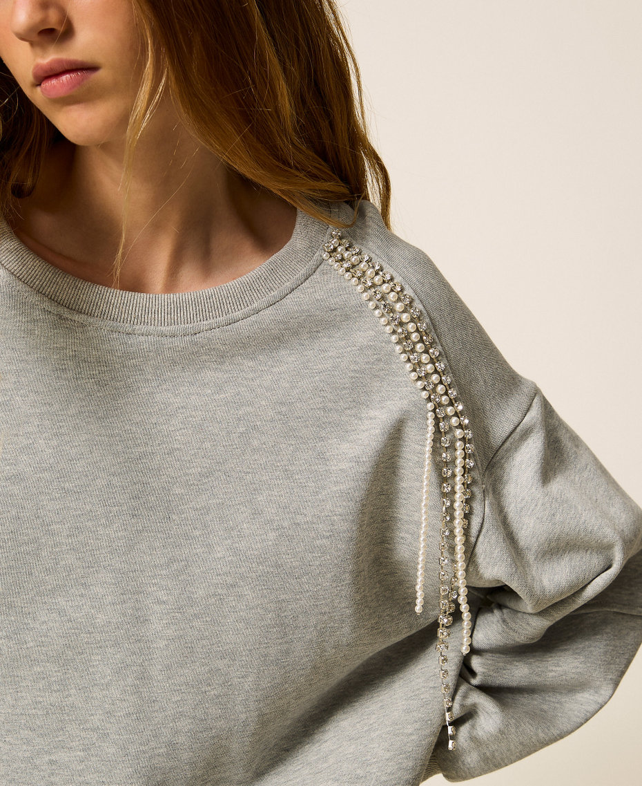 Sweatshirt with rhinestone and pearl chains Melange Grey Woman 252LI2MCC_00082_04