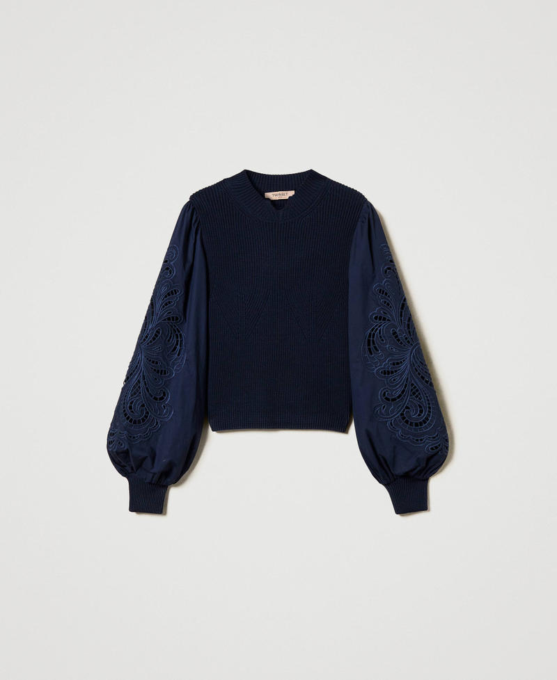 Turtleneck jumper with embroidered sleeves Blue Night Woman 251TP3180_00238_S0