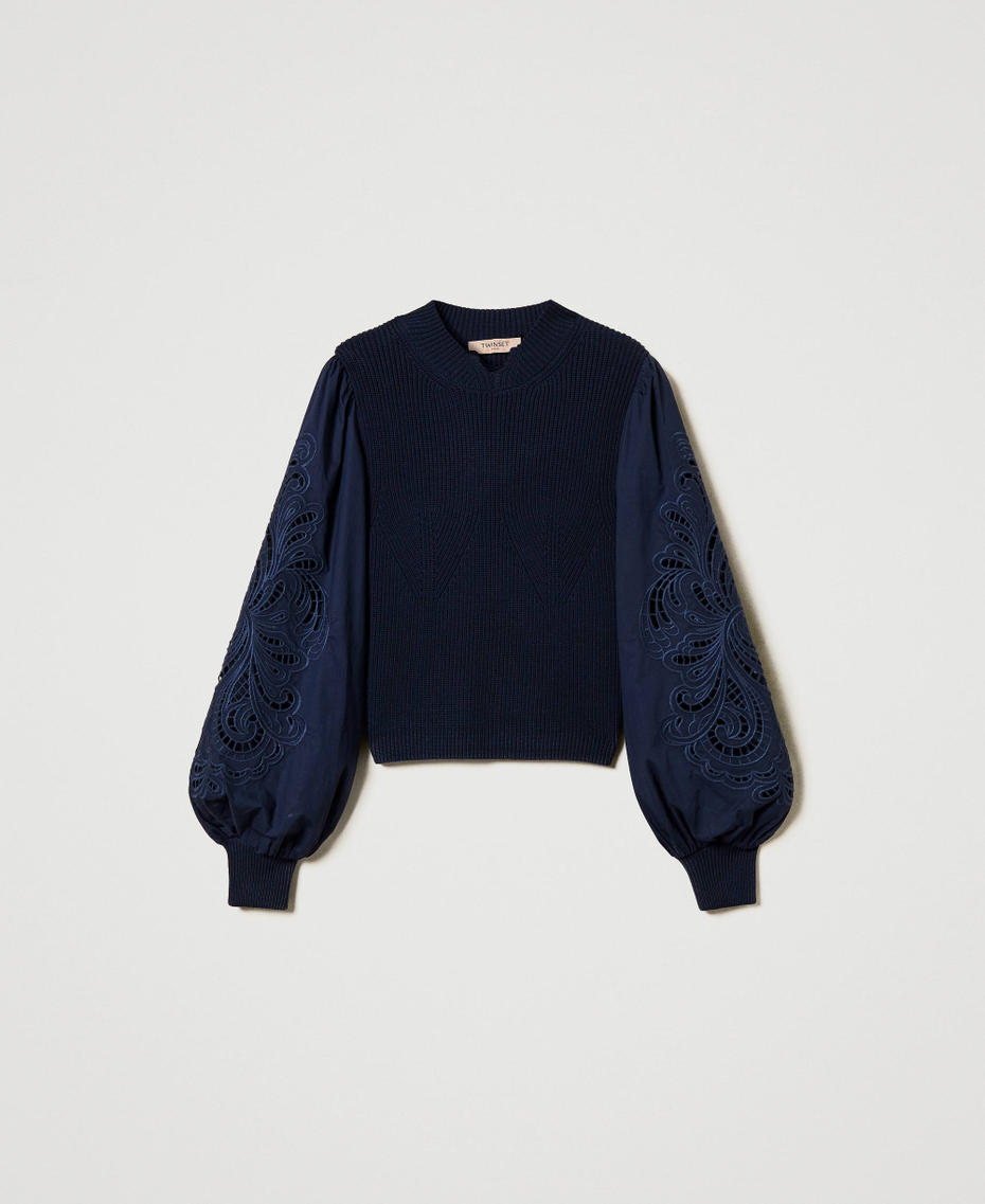 Turtleneck jumper with embroidered sleeves Blue Night Woman 251TP3180_00238_S0