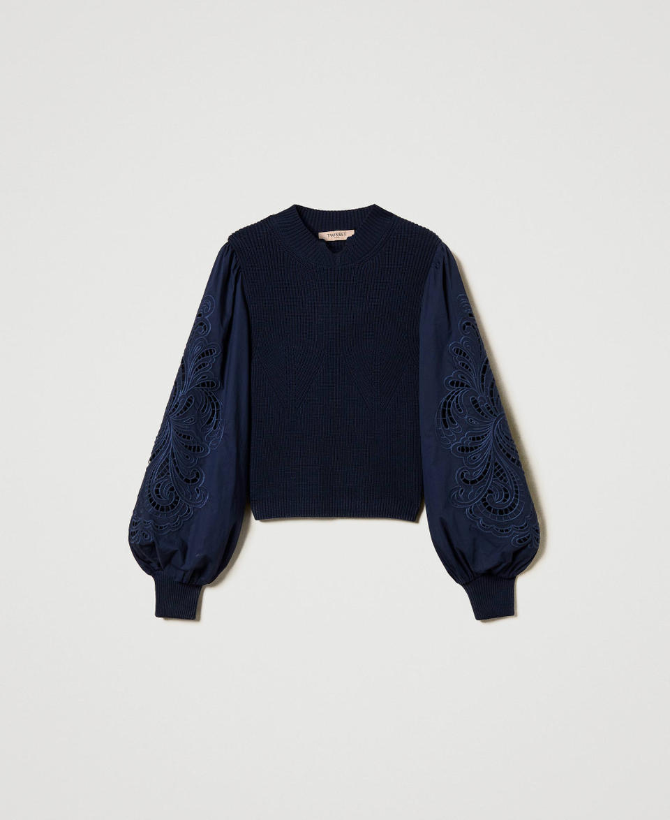 Turtleneck jumper with embroidered sleeves Blue Night Woman 251TP3180_00238_S0