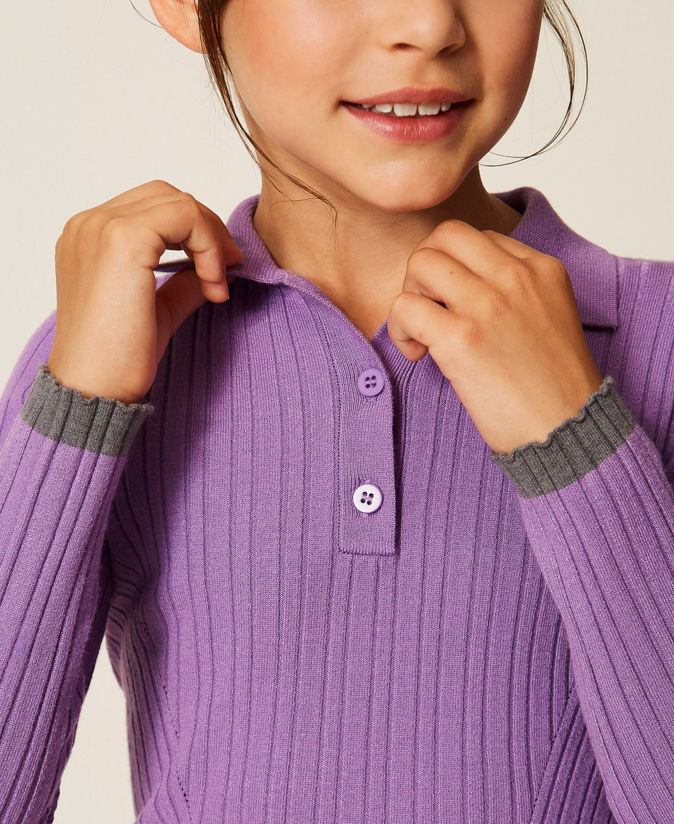 Ribbed polo jumper with contrasting details Two-tone "Hyacinth" Purple/Dark Grey Melange Girl 262GJ3010_13791_04
