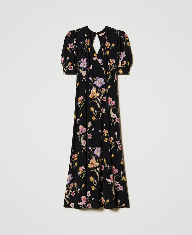 Long cr&ecirc;pe de Chine floral dress Multicolour/Black Iris Print Woman 251TP2770_12328_S0