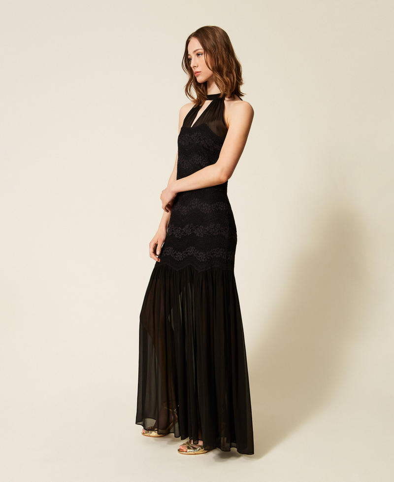 Long macram&eacute; lace and georgette dress Black Woman 261TP2780_00006_02