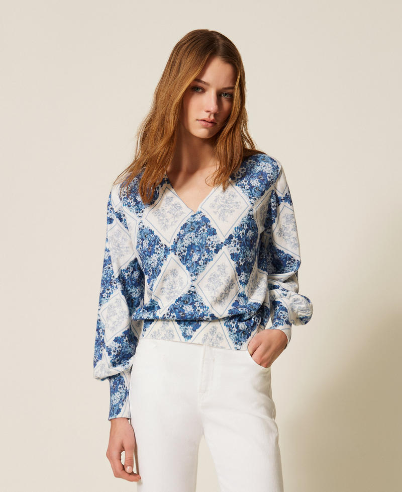 Pull avec imprim&eacute; floral en losanges Imprim&eacute; Losanges Floraux Bleu/Bleu &laquo;&nbsp;Topaze&nbsp;&raquo; Femme 261TP3530_13405_01