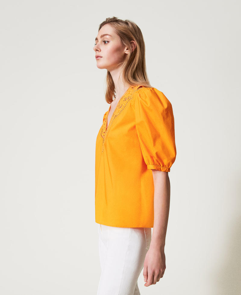 Blouse in broderie anglaise poplin Yellow Marigold Woman 251TT2335_12366_02