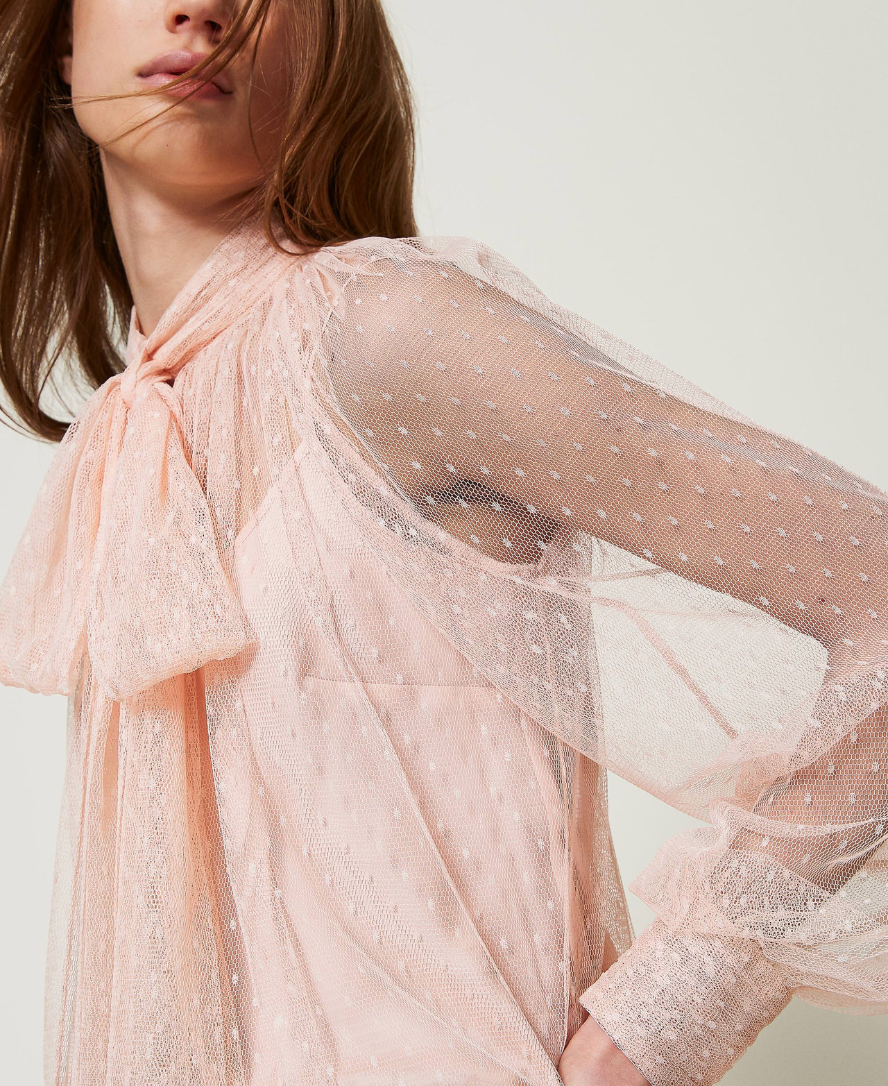 Tulle blouse with sash collar Woman, Pink | TWINSET Milano
