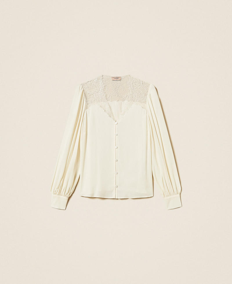 Jacquard shirt with lace Mother Of Pearl Woman 262TP2481_00059_S0