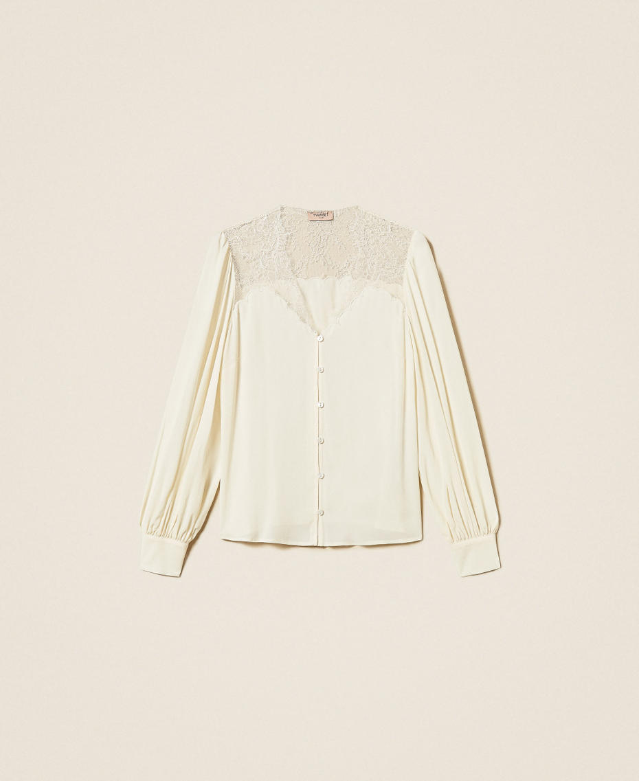 Jacquard shirt with lace Mother Of Pearl Woman 262TP2481_00059_S0