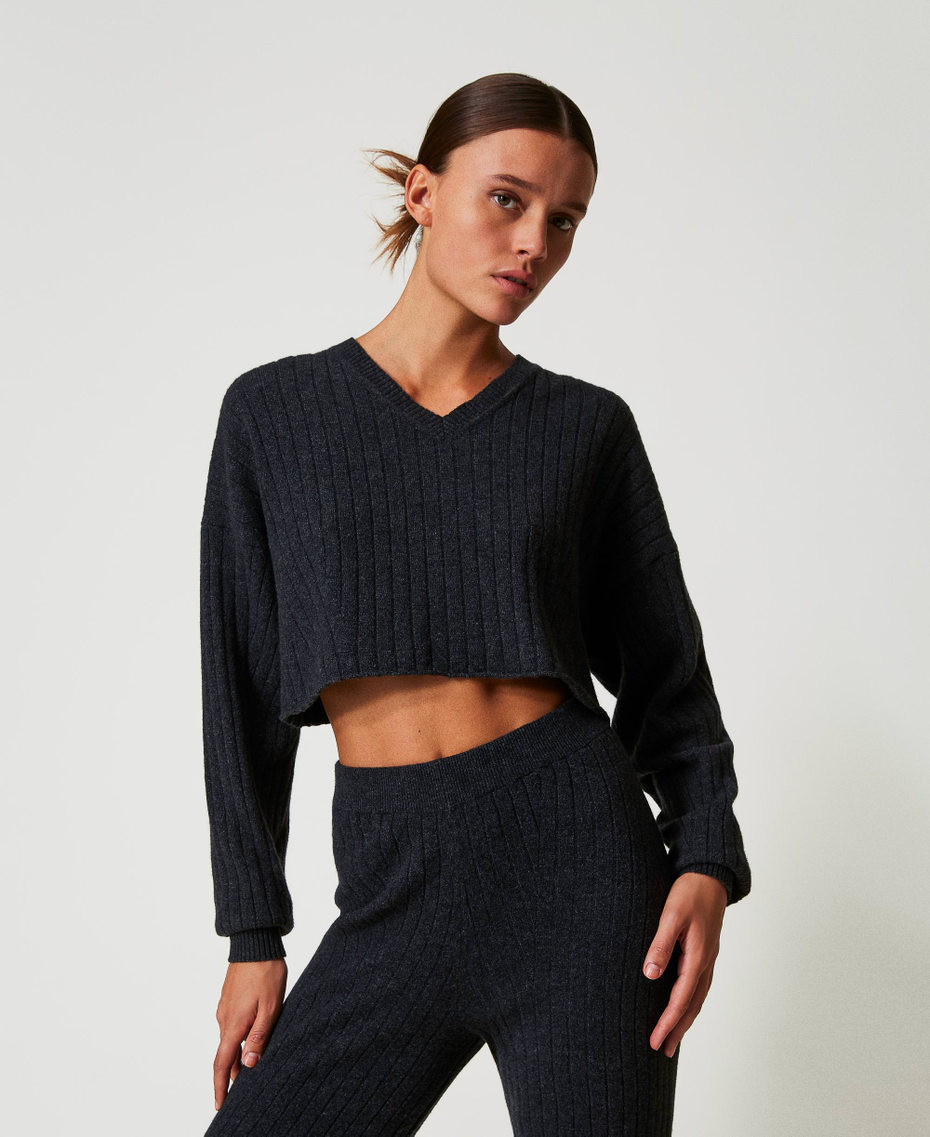 Wool blend cropped jumper Melange Charcoal Grey Woman 242TT3360_12030_01