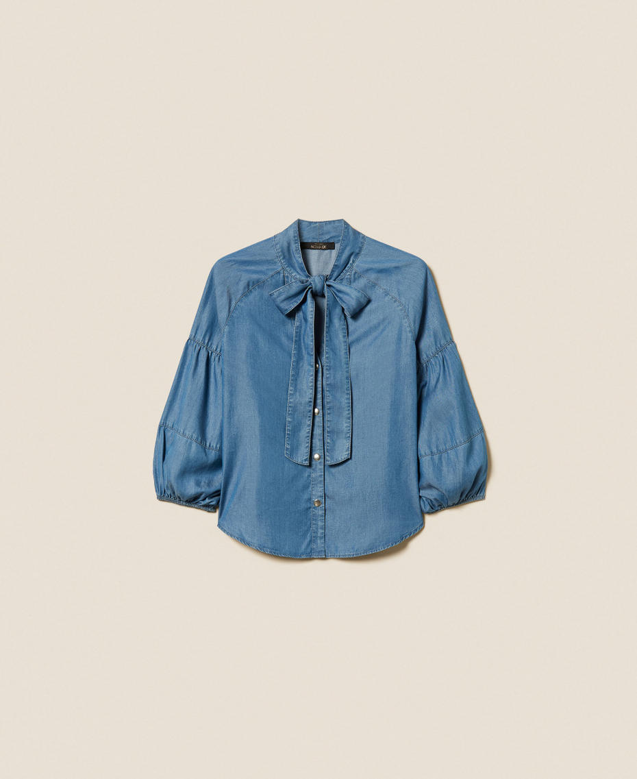 Denim shirt with bow Light Blue Denim Woman 261AT2054_07283_S0