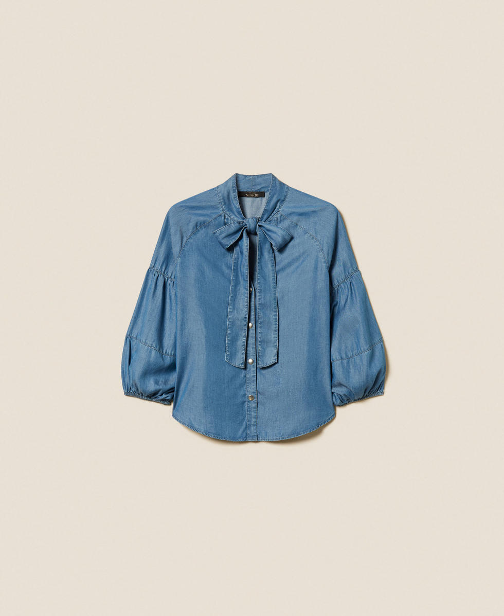 Jeansbluse mit Schleife Helles Denimblau Frau 261AT2054_07283_S0