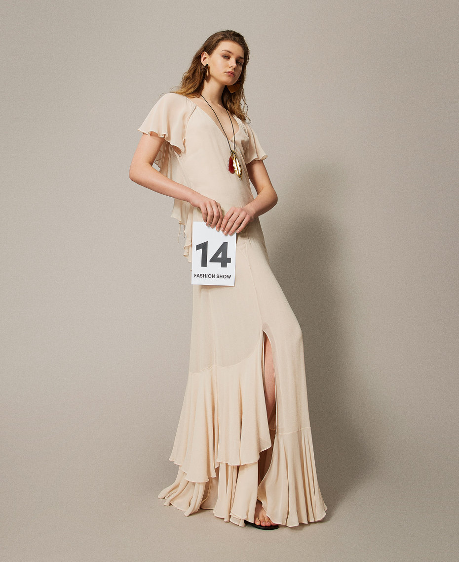 Long georgette dress with ruffles