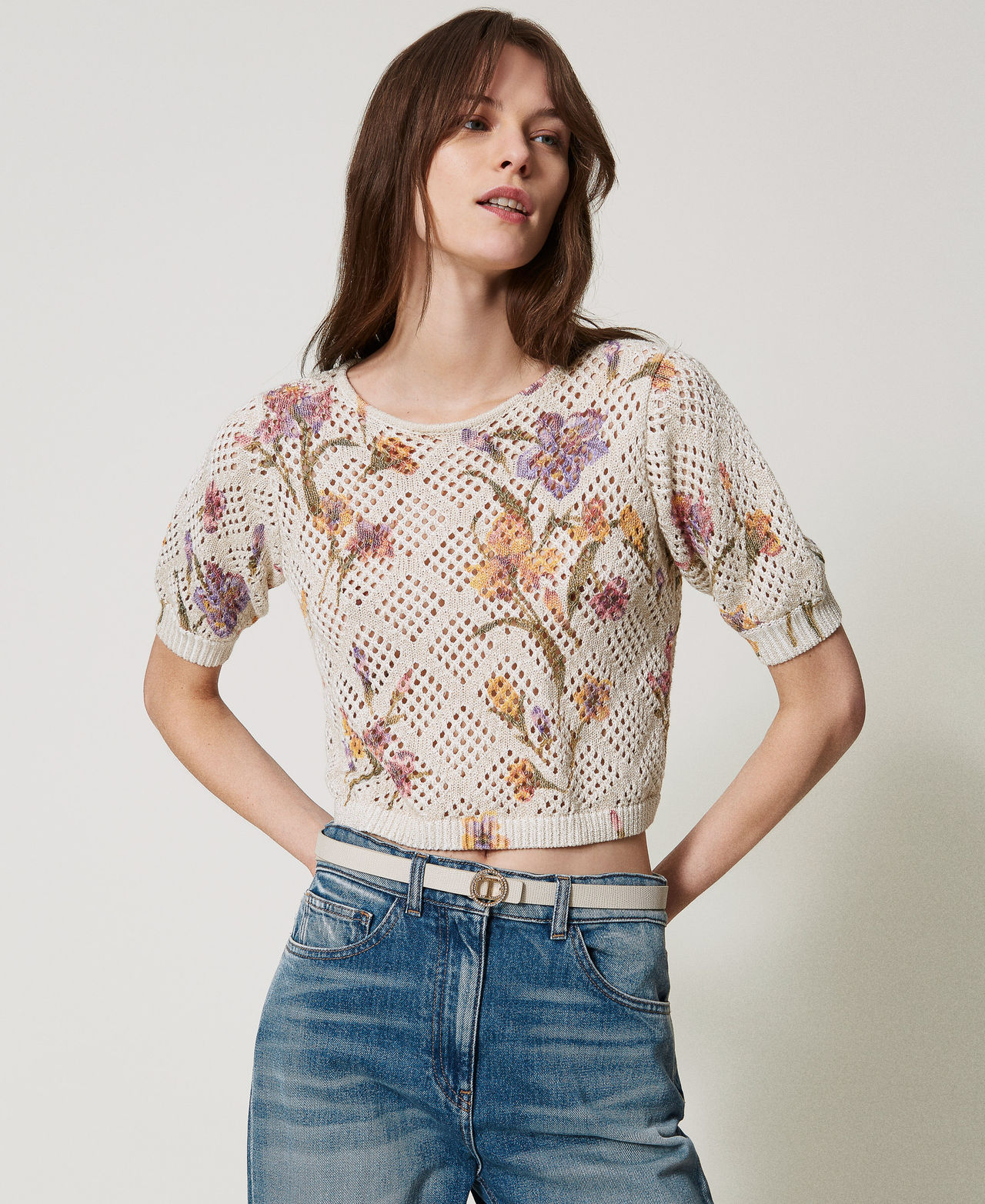 Lizard print leather belt with rhinestones Mother Of Pearl Woman 251TA4390_00059_T0