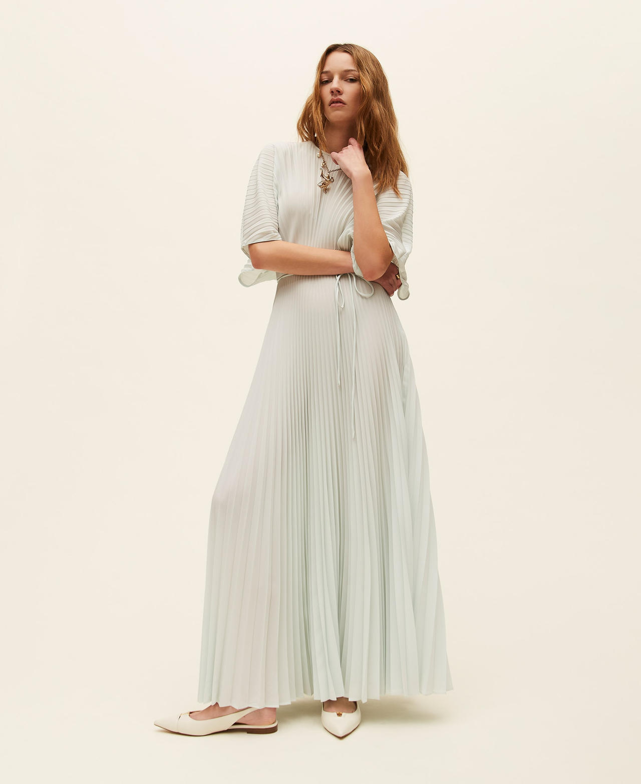 Long recycled crêpe de Chine dress Woman, Light blue | TWINSET Milano