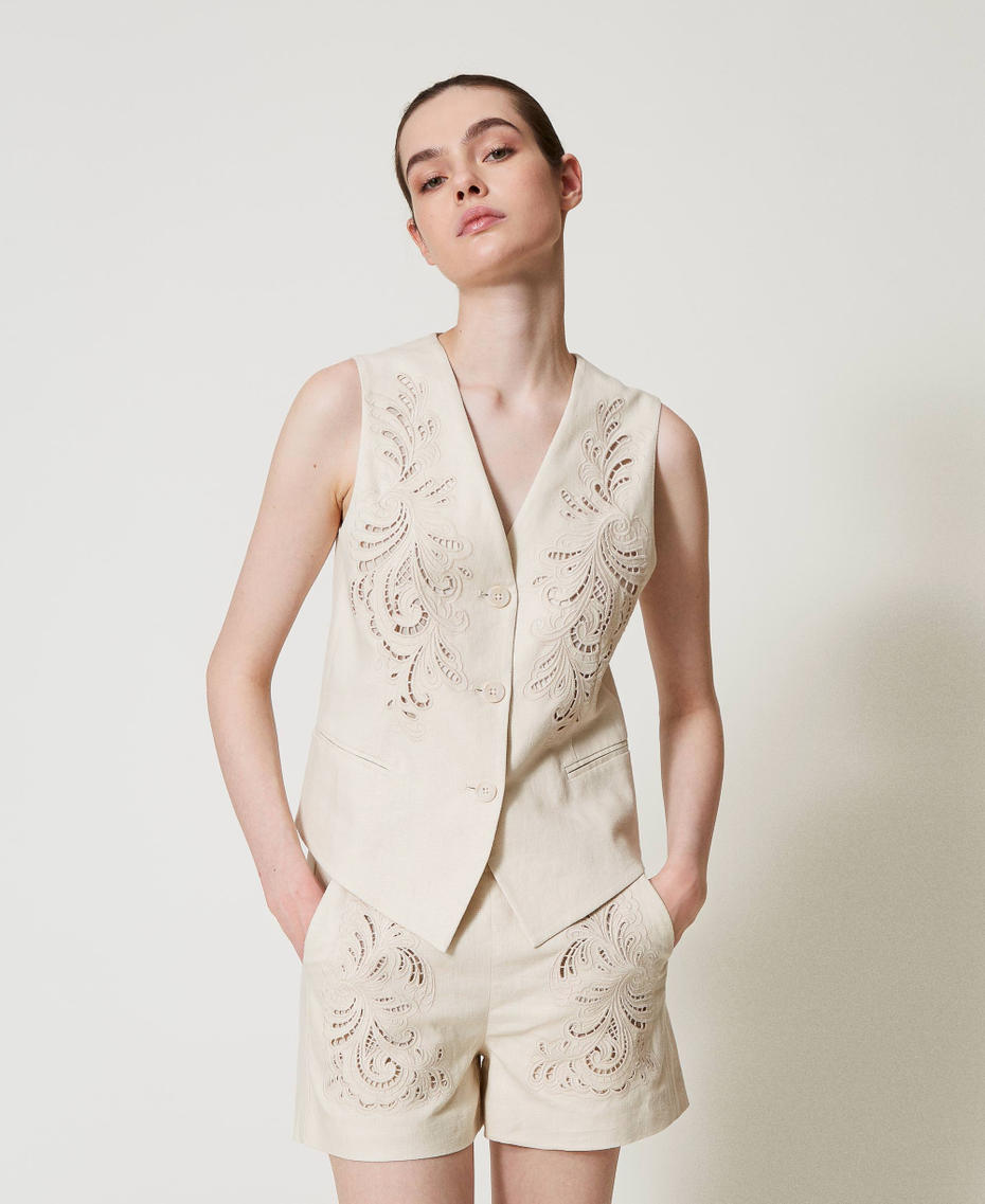 Linen blend waistcoat with embroidery Mother Of Pearl Woman 251TP2161_00059_01