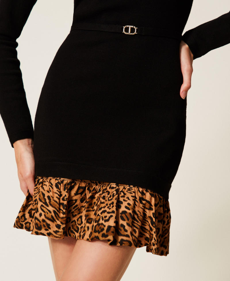 Short knit dress with animal print insert Black/Coffee/Land Brown Animal Print Woman 252TP3153_12754_04