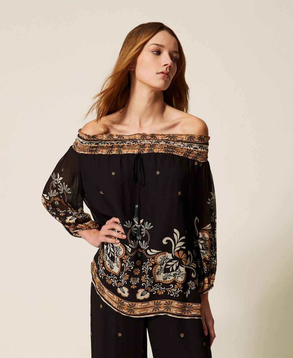 Blusa in georgette stampata Stampa Foulard Nero Donna 261LB2LAA_13225_02