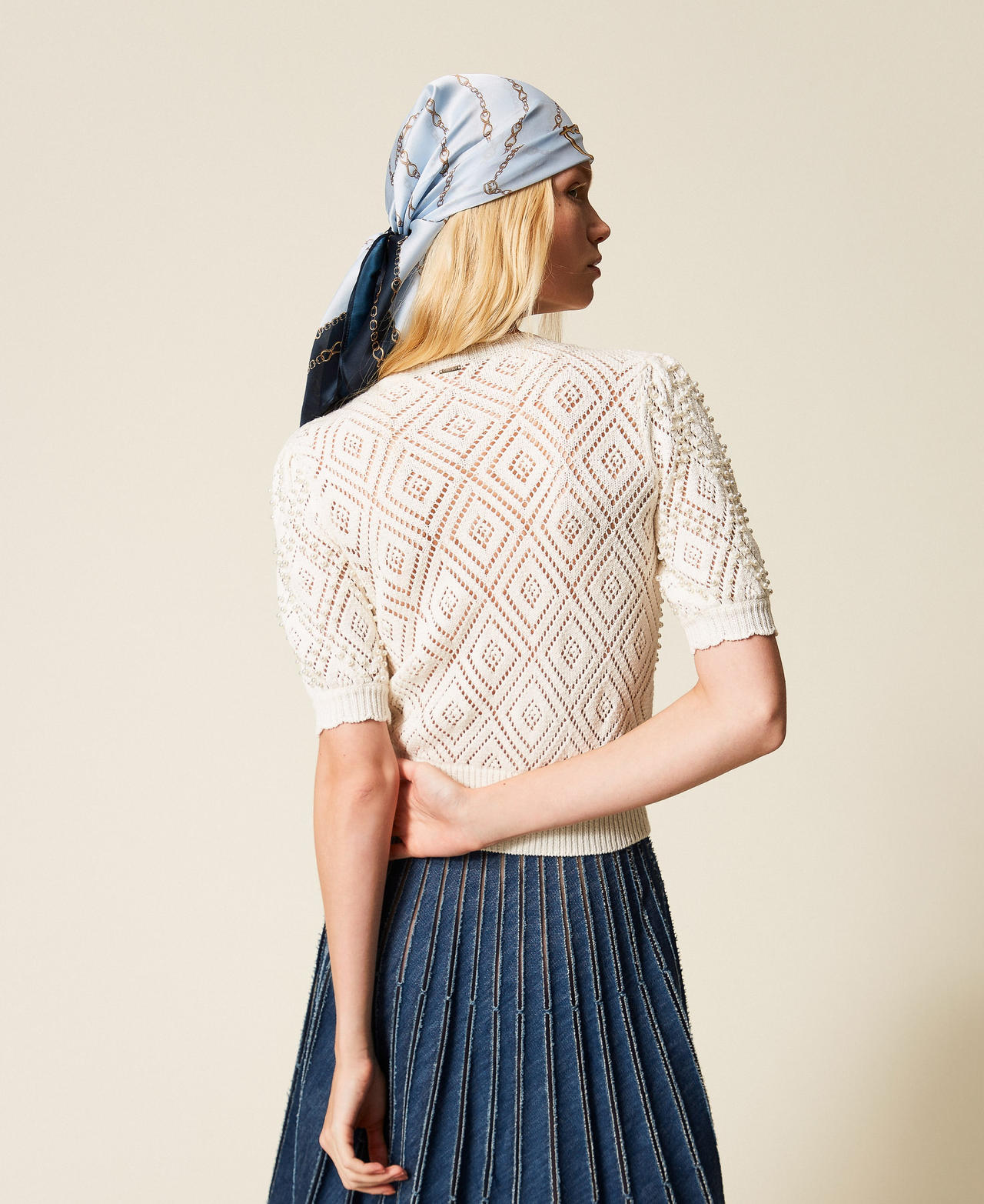 Diamond pattern jumper with pearls Mother Of Pearl Woman 261TP3201_00059_03