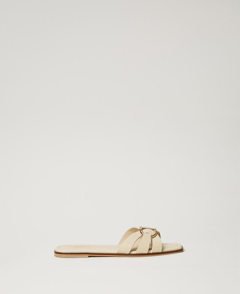 Leather slides with Oval T Pale "Ginger Root” Beige Woman 251TGT090_11640_01
