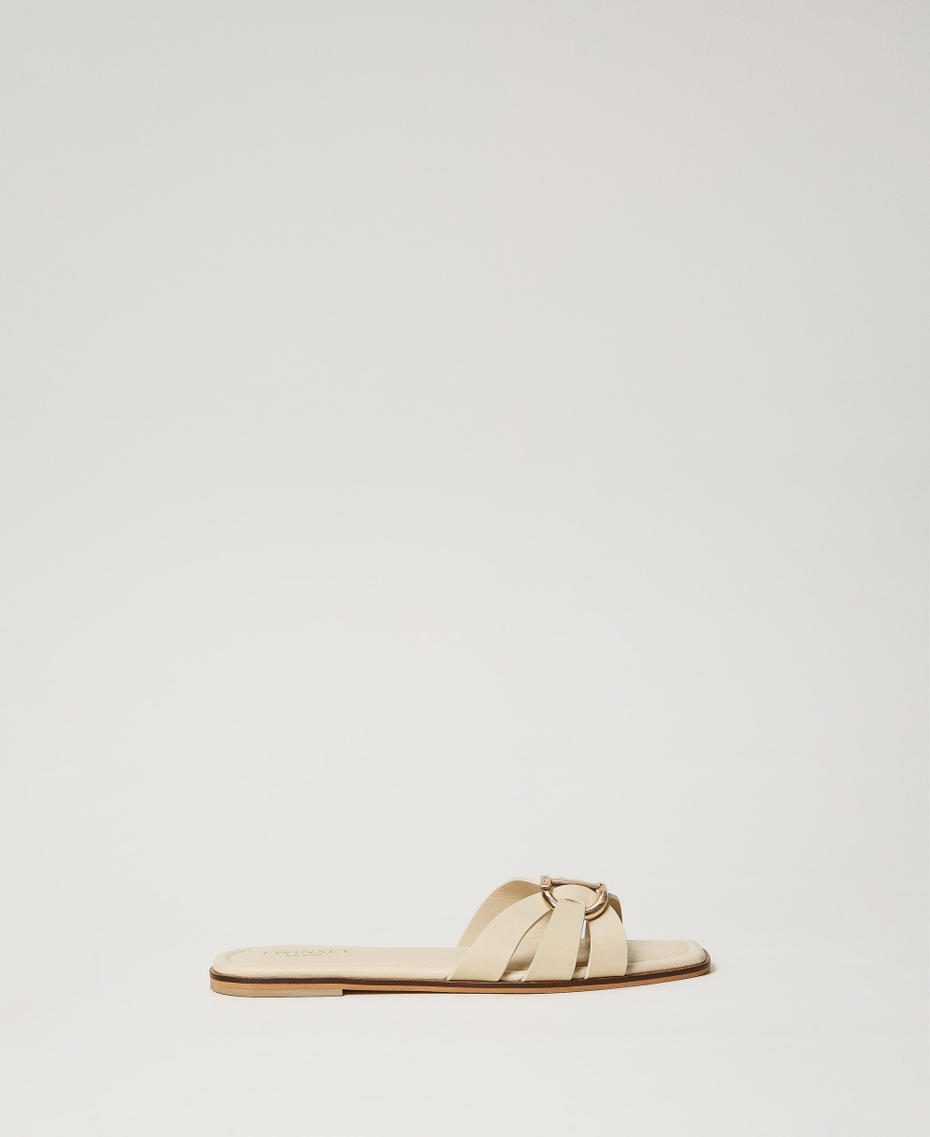 Leather slides with Oval T Pale "Ginger Root” Beige Woman 251TGT090_11640_01